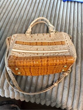 Brahmin Two-Tone Croc-Embossed Satchel Bag in Cream and Cognac